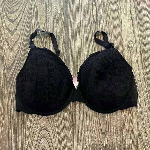 Victoria's Secret Dream Angels Lined Demi T-Shirt Bra Lace Floral Black Sz 38DD - Picture 1 of 7